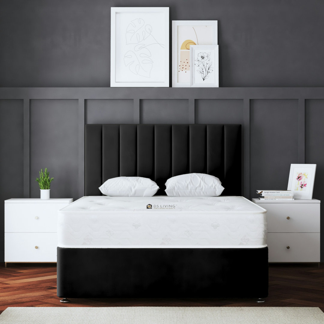 DS Living Upholstered Panel Divan Bed with Headboard Black Kingsize (5')